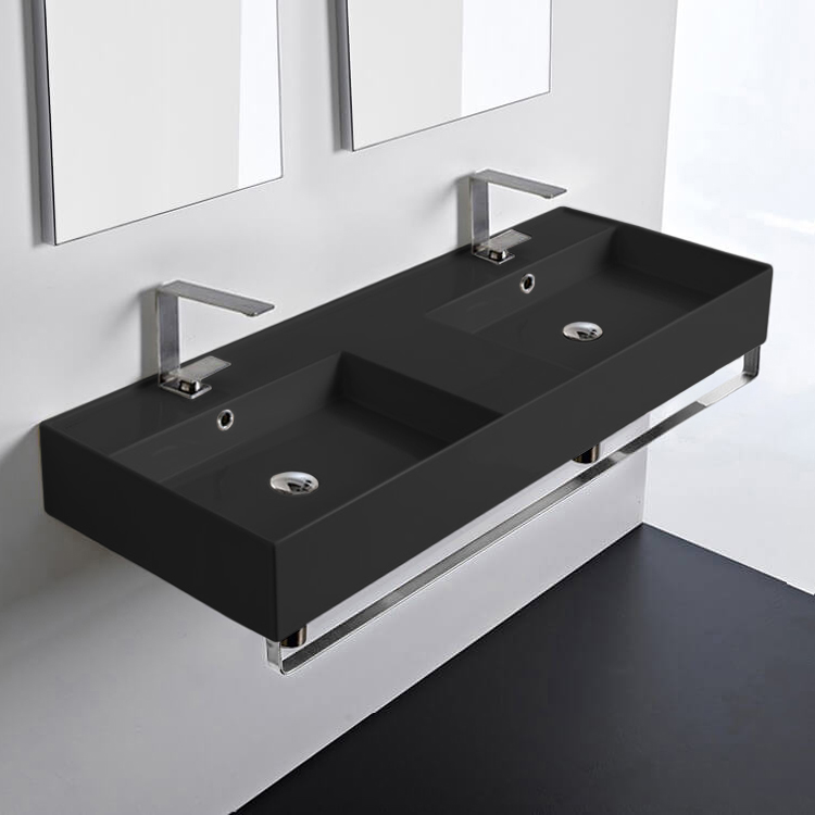 Scarabeo 5143-49-TB Double Matte Black Wall Mounted Ceramic Sink With Polished Chrome Towel Bar